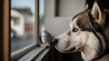 Close-up of a husky-malamute mix with piercing eyes gazing out of a window, showcasing its thick fur and attentive expression.