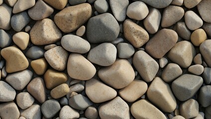 Close-up of smooth river rocks displaying a variety of warm tones and textures in a dense, natural pattern.