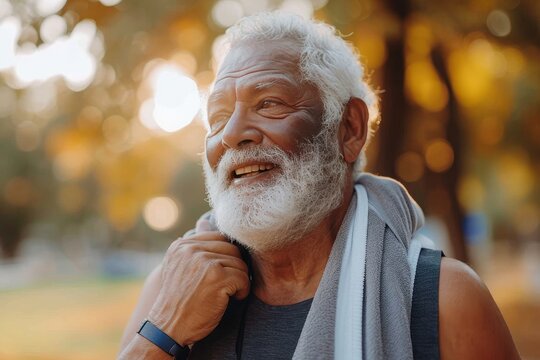 A wise and weathered senior citizen gazes confidently at the viewer, his white beard and grey towel adding a touch of elegance to his rugged outdoor attire
