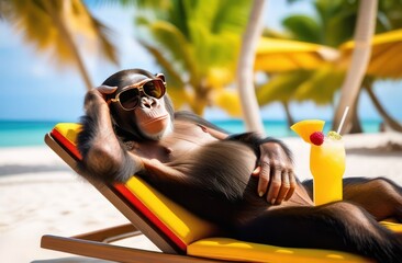 Chimpanzee in sunglasses with tropical cocktail chill-out enjoying a vacation by the sandy beach at sunny day.Vacation, holiday and relax concept.
