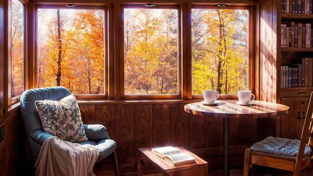 Background video. reading nook (a cozy place in the corner of the house), maple trees for fall foliage outside the window. Falling leaves.
