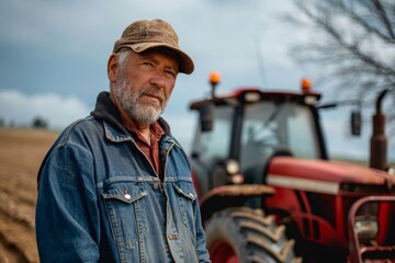 A rugged farmer gazes at the vast open sky, donning his signature jean jacket and hat, as he stands...