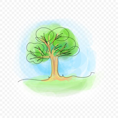 Tree in watercolour and continuous line art style with editable stroke. Environment, growth symbol. Hand drawn vector artwork