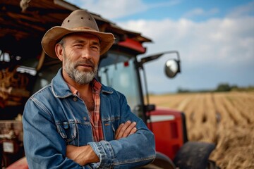 A rugged man in a sun-worn cowboy hat stands confidently against the backdrop of an endless sky, embodying the perfect balance of strength and style on the farm