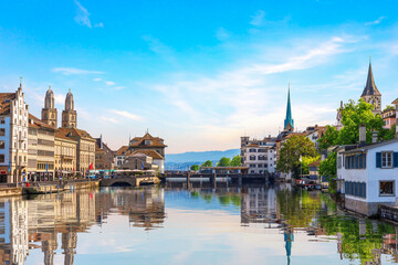 Downtown of Zurich and its reflection, wonderful view, Switzerland