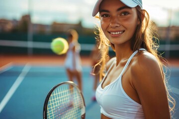 A female tennis player exudes confidence and joy as she holds her racket on an outdoor court, ready to dominate in this athletic game