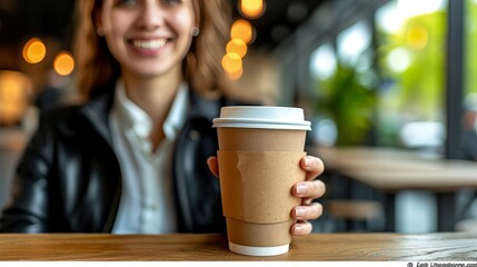 Close up of businesswoman s hand holding an empty coffee to go paper cup, ready for a refill