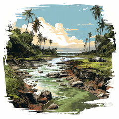 Tropical River Landscape with Palm Trees and Rocky Shores

