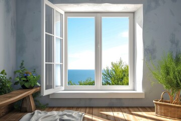 A tranquil scene unfolds through a window, revealing a stunning view of the ocean as a houseplant sits peacefully in a flowerpot, bathed in natural daylight and framed by a billowing sky and window b