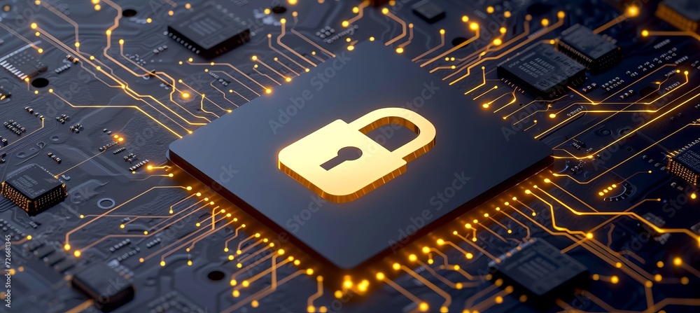 Poster high tech cpu with shining lock icon and interactive holographic security elements