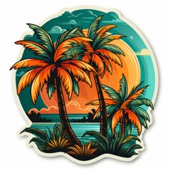 Fototapeta na wymiar Tropical Palm Trees at Sunset Sticker Design