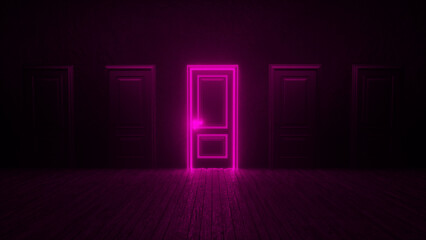 A row of pink neon closed doors