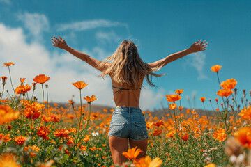 Joyful Woman in Vibrant Flower Field. Generative AI.