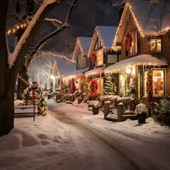 Christmas and New Year holidays background. Decorated houses in the snow at night.