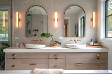 Step into luxury and functionality in this stunning bathroom, complete with sleek double sinks, elegant mirrors, and modern plumbing fixtures against a backdrop of beautifully tiled walls and a windo