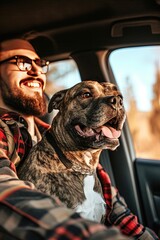  Handsome man with his dog in the car. Adventures await with my dapper doggo.