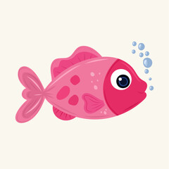 Cute pink cartoon fish illustration on gray background. Children's cartoon theme. For characters of children's books, posters, postcards.