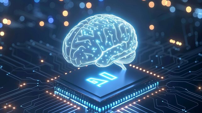 Holographic brain over cpu with ai icon, shining brightly in the air, creating a dazzling visual.