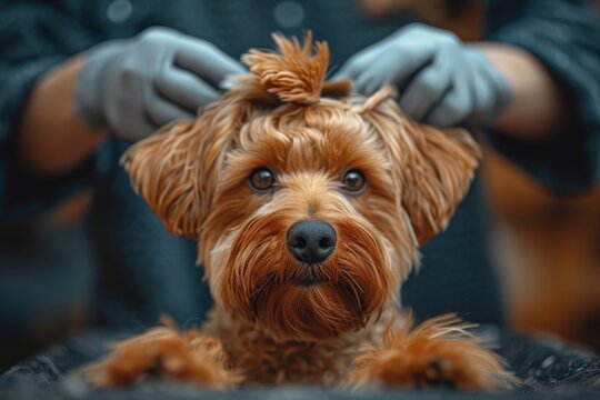 A playful yorkipoo wearing adorable gloves snuggles up to its loving owner, showcasing the perfect blend of cuteness and companionship in this heartwarming indoor photo