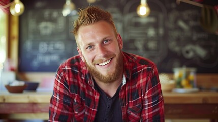 Fototapeta premium Handsome bearded male teacher in classroom with blurred background and copy space for text