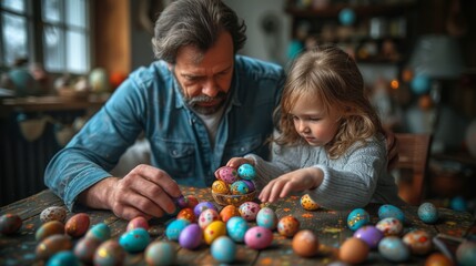 Fototapeta na wymiar Man and Little Girl Examining Eggs