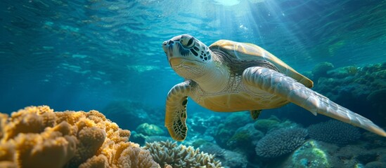 Fototapeta premium Tropical sea's cute green sea turtle in a blue water photo with underwater coral reef, showcasing a wild marine animal in its natural environment.