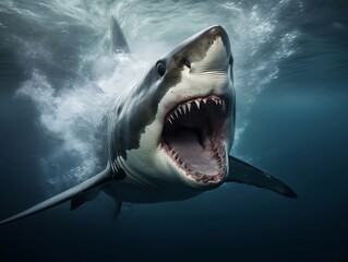 Angry white shark is swimming with its mouth open