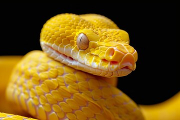 Fototapeta premium A majestic elapidae serpent glides through the dark shadows of a grassy field, its vibrant yellow scales shining against the black backdrop as it slithers towards its next prey