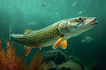 Fototapeta premium A magnificent trout gracefully glides through the vibrant reef, its fin cutting through the crystal clear water as it navigates its underwater home in the aquarium