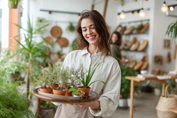 Woman Holding Tray With Plants