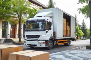 A rugged truck, parked on the empty street, its wheels resting on the solid ground, carries boxes in its sturdy trailer as it prepares to transport its commercial cargo through the outdoor landscape