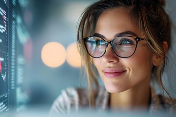 A confident woman with a bright smile and stylish glasses gazes off to the side, showcasing her impeccable vision care and adding a touch of sophistication to her portrait