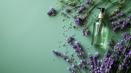 Bottle of natural shampoo and lavender flowers on a green background. Top view. Copy space.