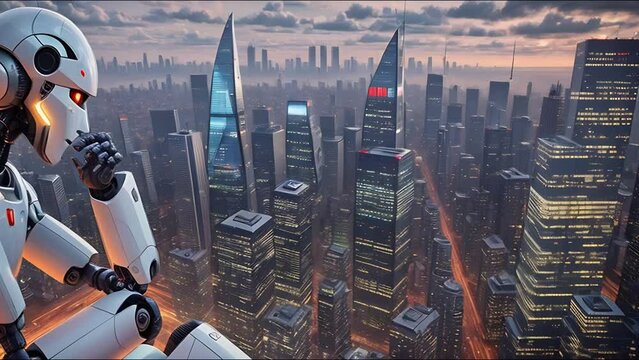 Artificial intelligence, robot thinking about world, looking at the city. Futuristic concept, style realistic