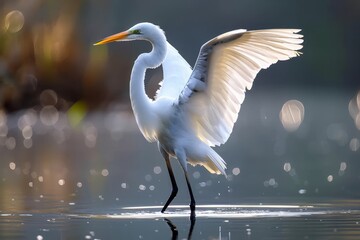 A majestic white heron stands tall in the tranquil waters, its elegant feathers glistening in the warm sunlight as it embodies the beauty and grace of nature's aquatic birds - obrazy, fototapety, plakaty