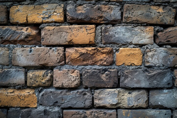 A weathered brick wall, showcasing its rustic and textured character