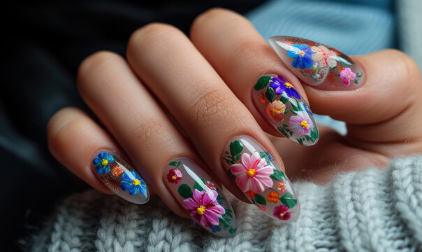cozy spring  inspired floral nail art on a woman's hand in a knitted sweater, spring concept  
