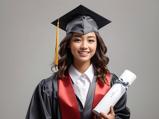 Happy student with graduation hat and diploma on grey Generative Ai