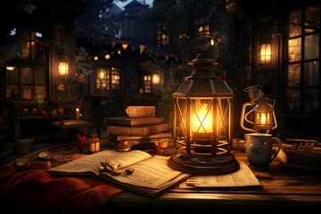 Night in the village. A lamp, a book and a lantern.