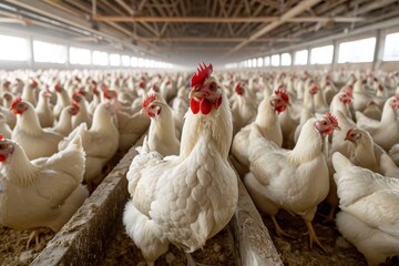 A colorful flock of galliformes stand tall in their indoor home, with the proud rooster's comb on display among the hens and other poultry