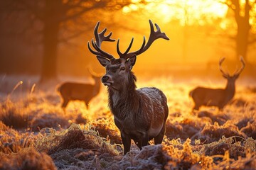 As the sun sets over the vast field, a majestic deer with antlers stands proudly, embodying the beauty and resilience of terrestrial animals in the wild