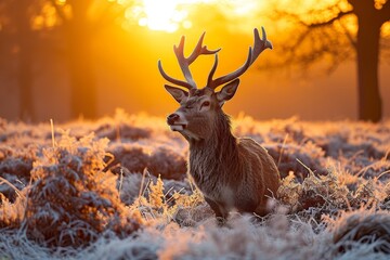 A majestic buck stands in a snowy field at sunset, its antlers silhouetted against the golden sun as it blends into the winter landscape, embodying the beauty and resilience of nature