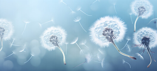 Dandelions  on a blur  background , dandelion Flight  , Feelings card , joy, condolence, grieving,  loss, support, funerals
 - obrazy, fototapety, plakaty