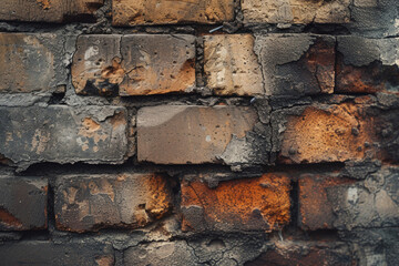 A weathered brick wall, showcasing its rustic and textured character
