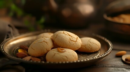 Almond butter cookies in vintage plate on wooden table, closeup - obrazy, fototapety, plakaty