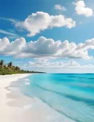 Foto op Canvas Beautiful sandy beach with white sand and rolling calm wave of turquoise ocean on Sunny day on background white clouds in blue sky Generative AI © Jamshed