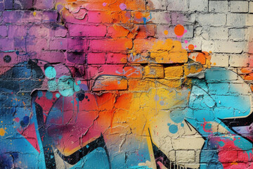 A graffiti-covered urban brick wall, showcasing vibrant street art and textures