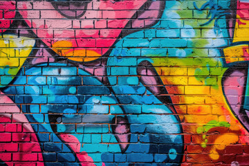 A graffiti-covered urban brick wall, showcasing vibrant street art and textures