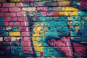 A graffiti-covered urban brick wall, showcasing vibrant street art and textures