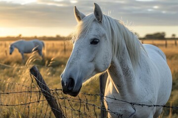 A majestic sorrel mustang horse stands behind a fence, its powerful stallion's mane blowing in the outdoor breeze, against a backdrop of vibrant green grass and a clear blue sky at the ranch